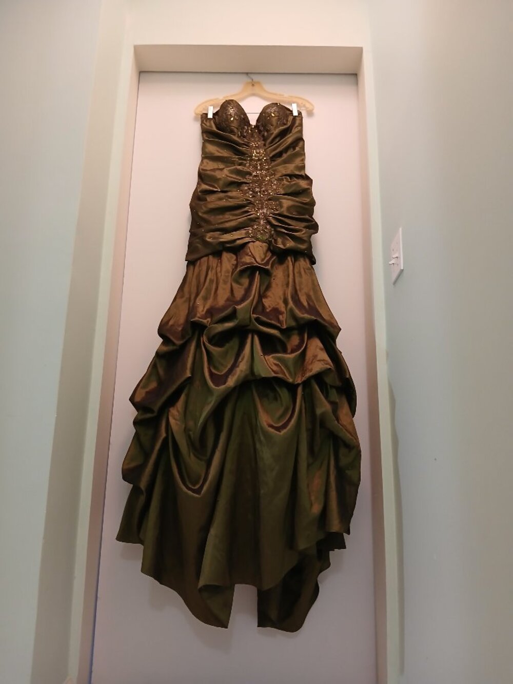 STUNNING Vintage Y2K Olive Green Fairycore Strapless Bustle Skirt Gown Sz XL